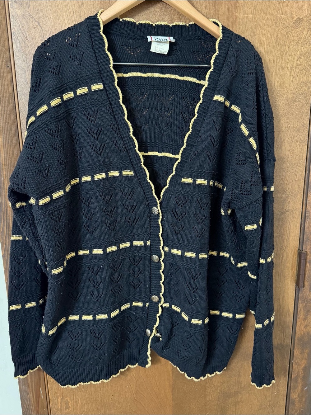 Vintage Cricket Lane XL  Black Gold Metallic Pointelle Knit Cardigan Sweater